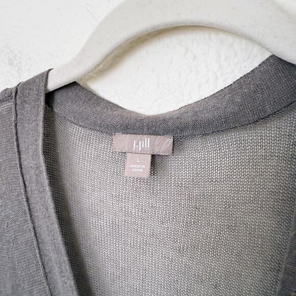[J. Jill] Gray Linen Blend Tiered Ruffle Peplum V-Neck Cardigan Sweater Sz Large - Picture 9 of 10